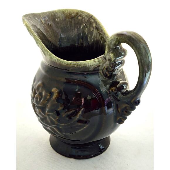 HULL POTTERY-PITCHER-VASE-Brown/Green Drip Glaze-Embossed-Large Pouring Lip - Picture 4 of 10